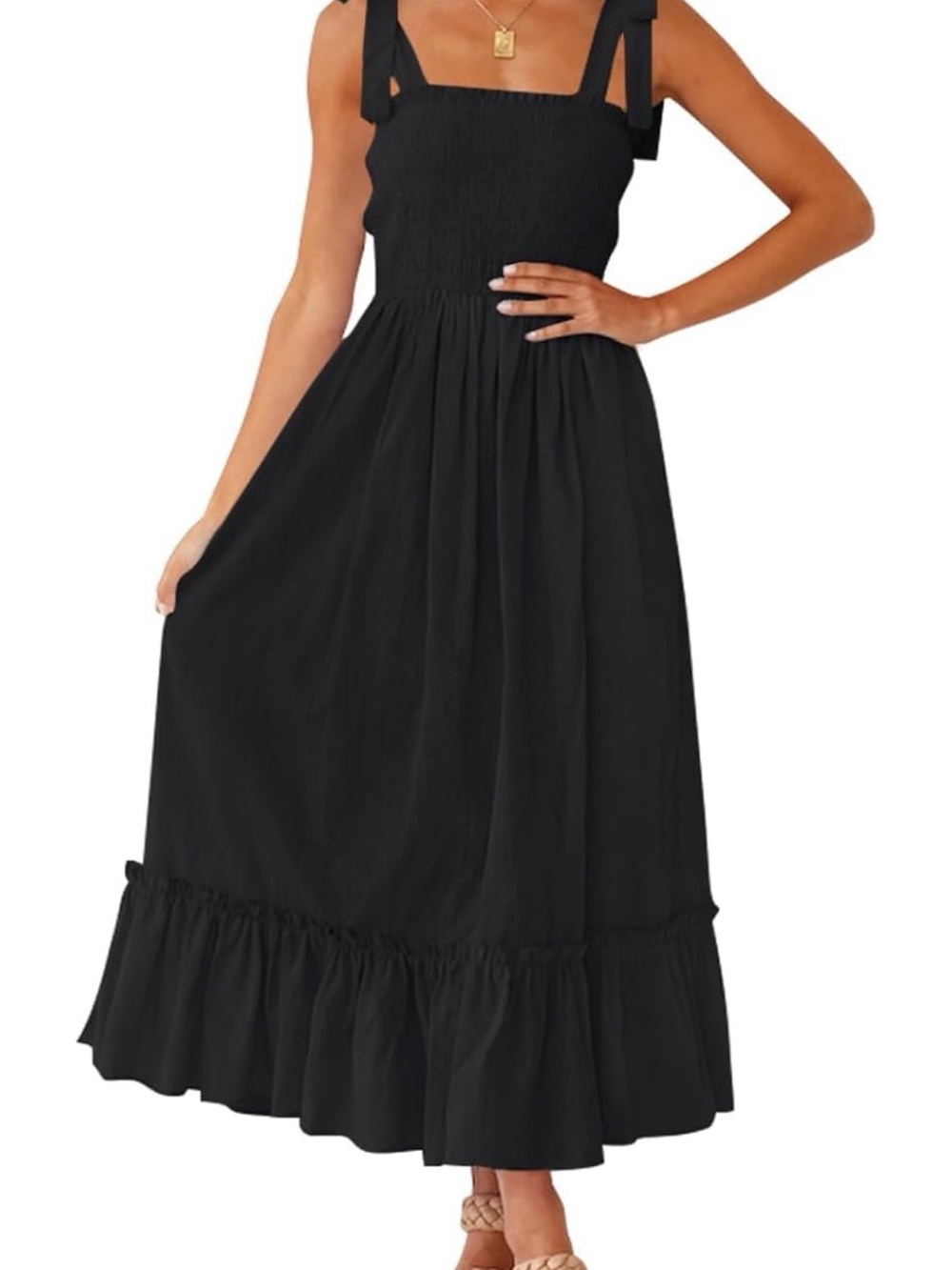 NWT ZESICA Black Smocked Tie Strap Maxi Dress | Size Medium